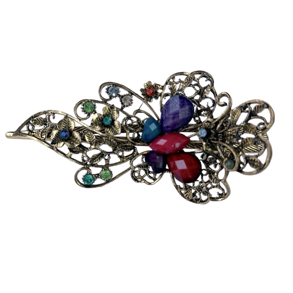 Vtg Baroque Hair Clip Beaded Butterfly Gold Tone Colorful Floral Filigree Design